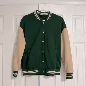 SHEIN | EZwear Figure & Letter Graphic Drop Shoulder Two Tone Varsity Jacket